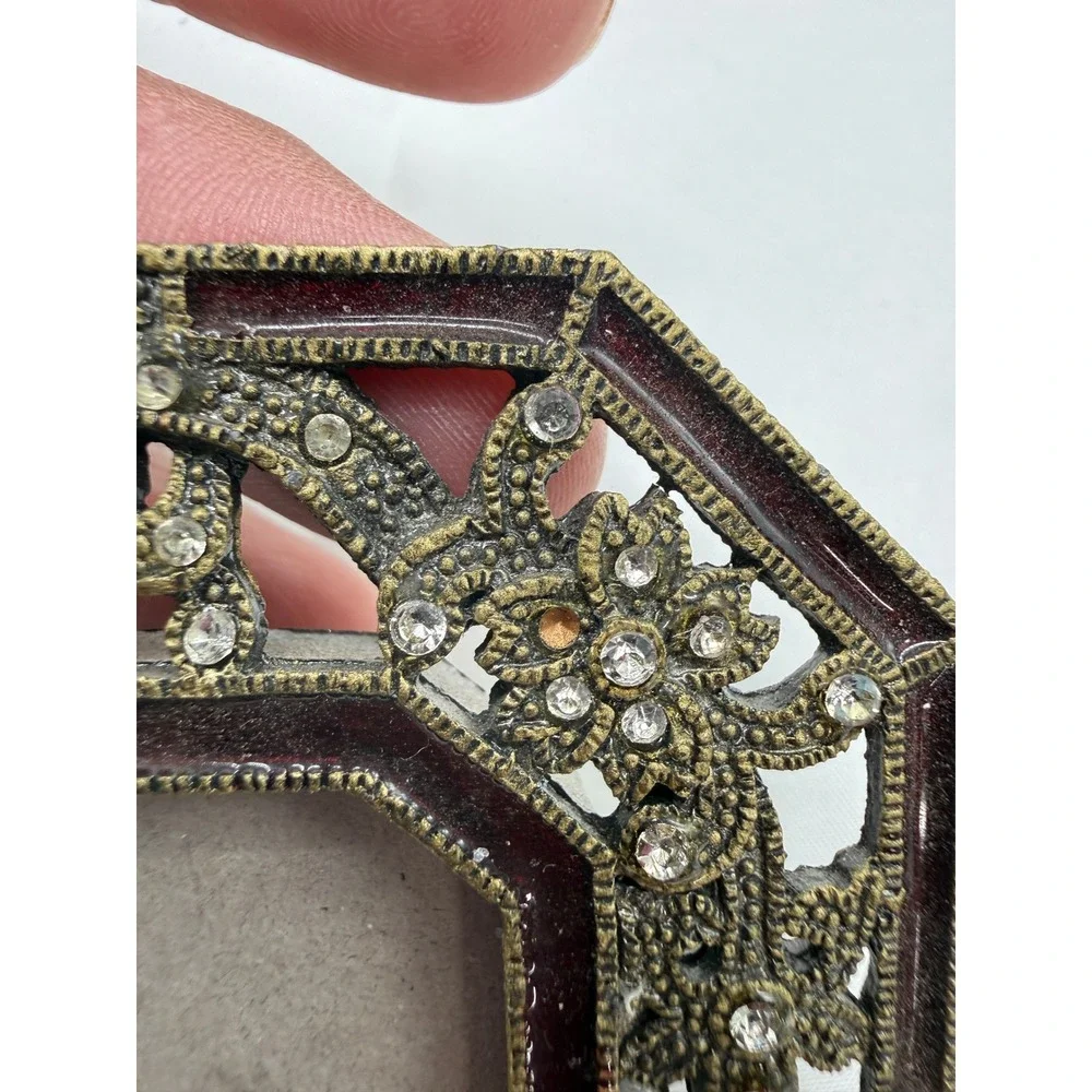 Vintage Style Octagon Filigree Rhinestone Enamel Miniature‎ Picture Frame Brass